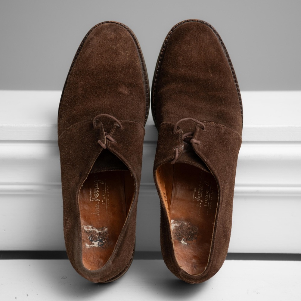 Salvatore Ferragamo Mens Brown Suede Derby Shoes Sz 8 Minimalist Quiet Luxury